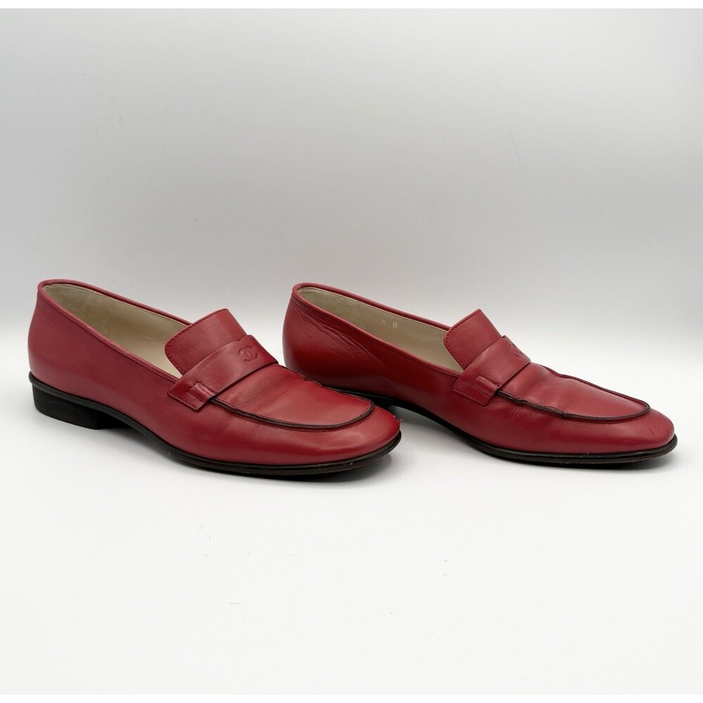 Chanel Red Calf Leather Loafers CC Logo Vintage Black Trim Y2K Sz EU 36 - Picture 6 of 14